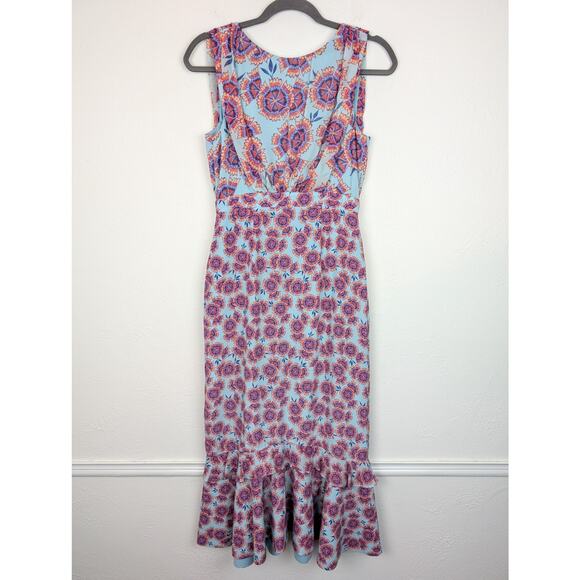 Saloni Midi Dress Adrienne Ciel Dragonfruit Ruffle Silk Floral Blue Size 4 - Picture 3 of 13